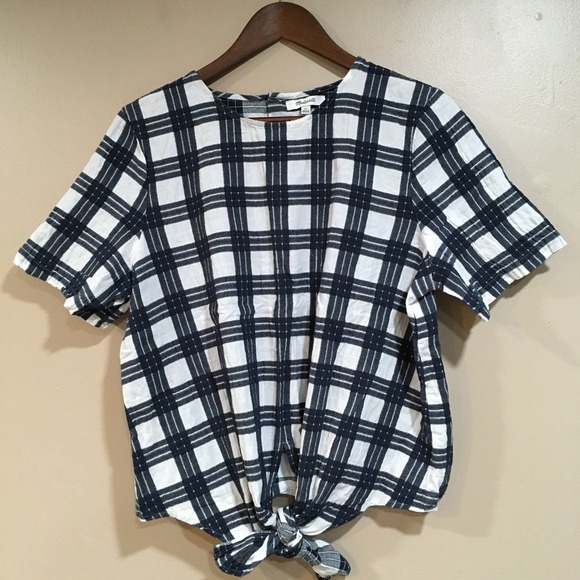 Madewell Tops - Madewell Plaid Tie Front Top Women XL Blue White Button Back Preppy Picnic Casua
